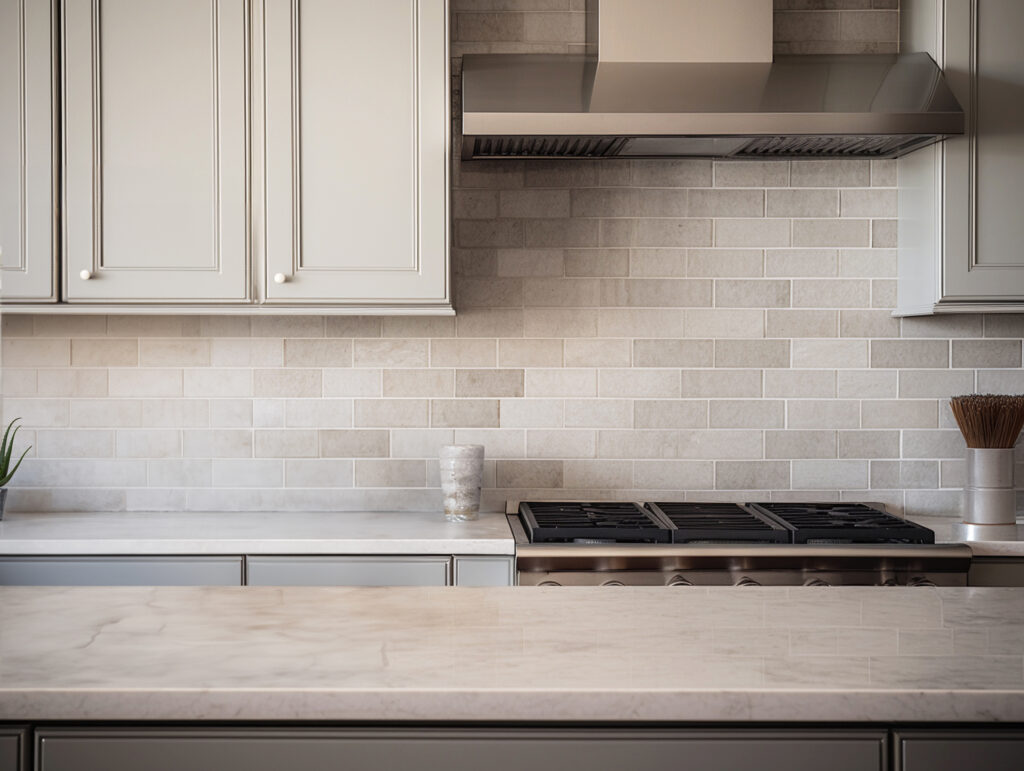 Light stone kitchen countertop with a modern stove and tile backsplash | Cherry City Interiors and Design